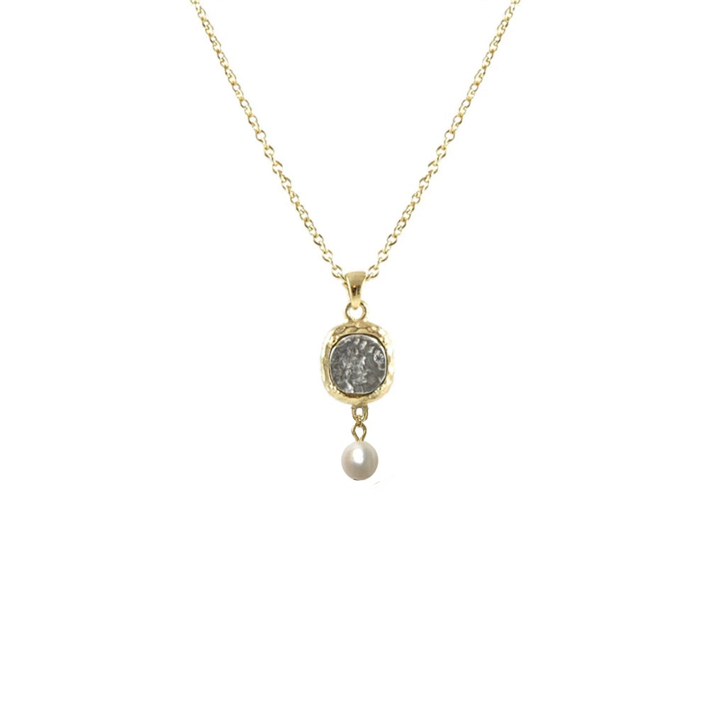 GOLD PAVIA COIN & FRAME PEARL NECKLACE