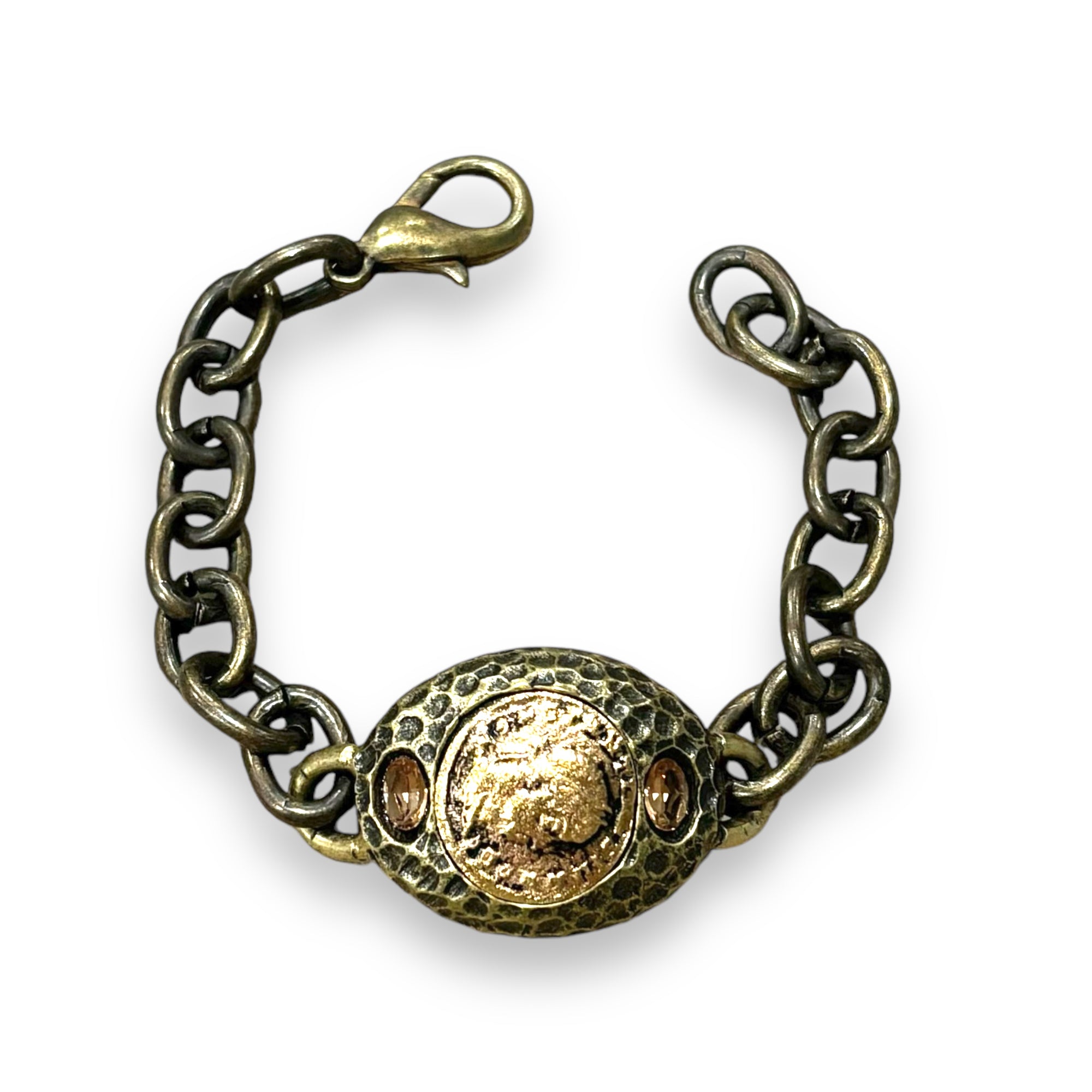 VINTAGE BRASS COIN & CRYSTAL CHAIN BRACELET