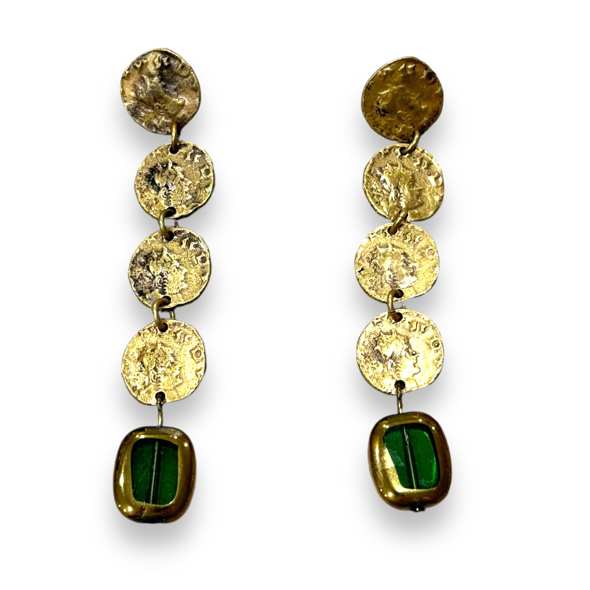 VINTAGE GOLD COIN GREEN BEAD EARRINGS