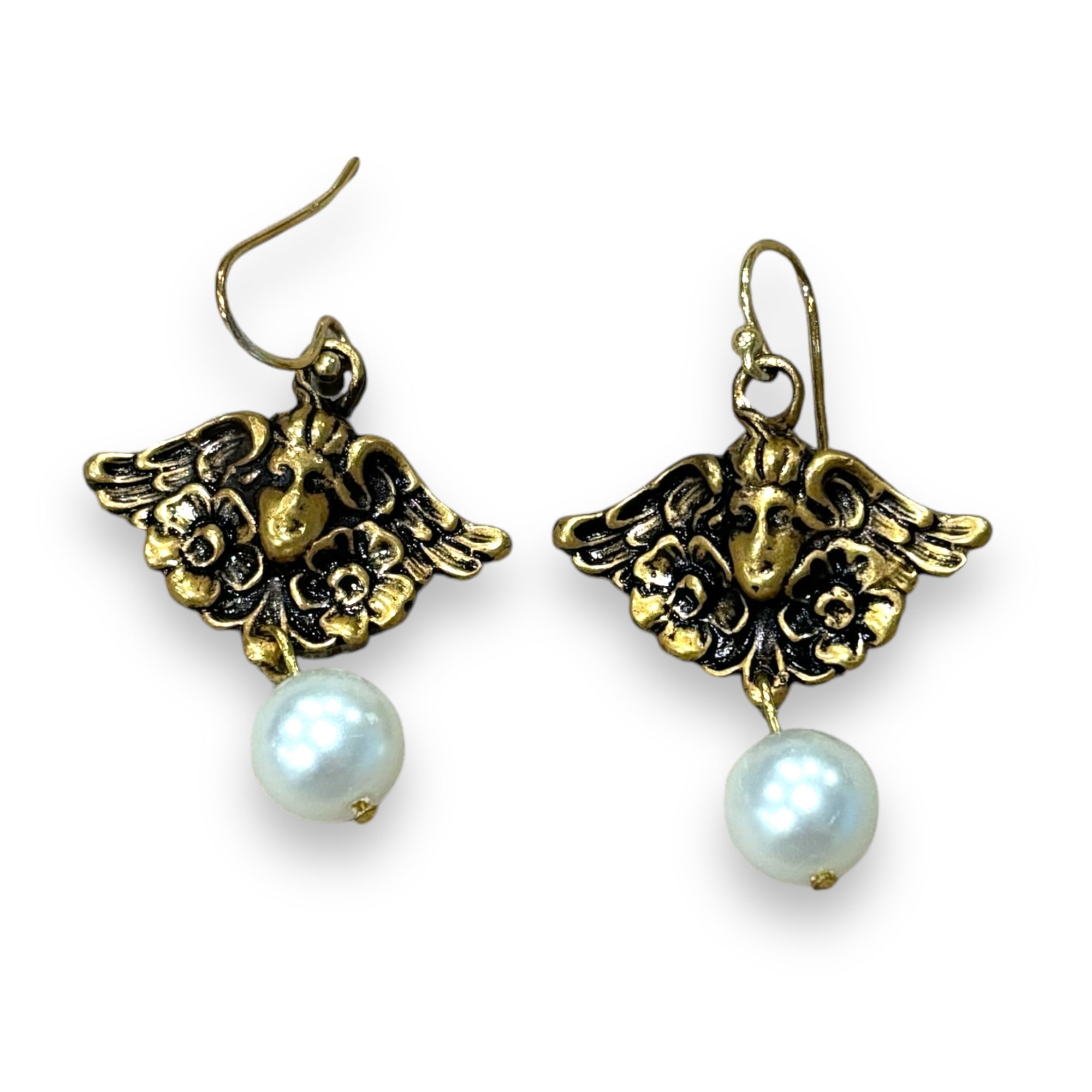 VINTAGE GOLD ANGEL & GLASS PEARL EARRINGS