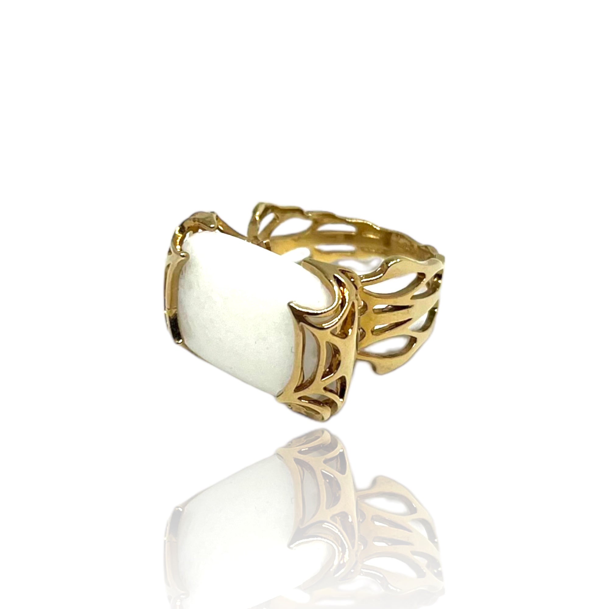 WHITE JADE AND GOLD WEB RING