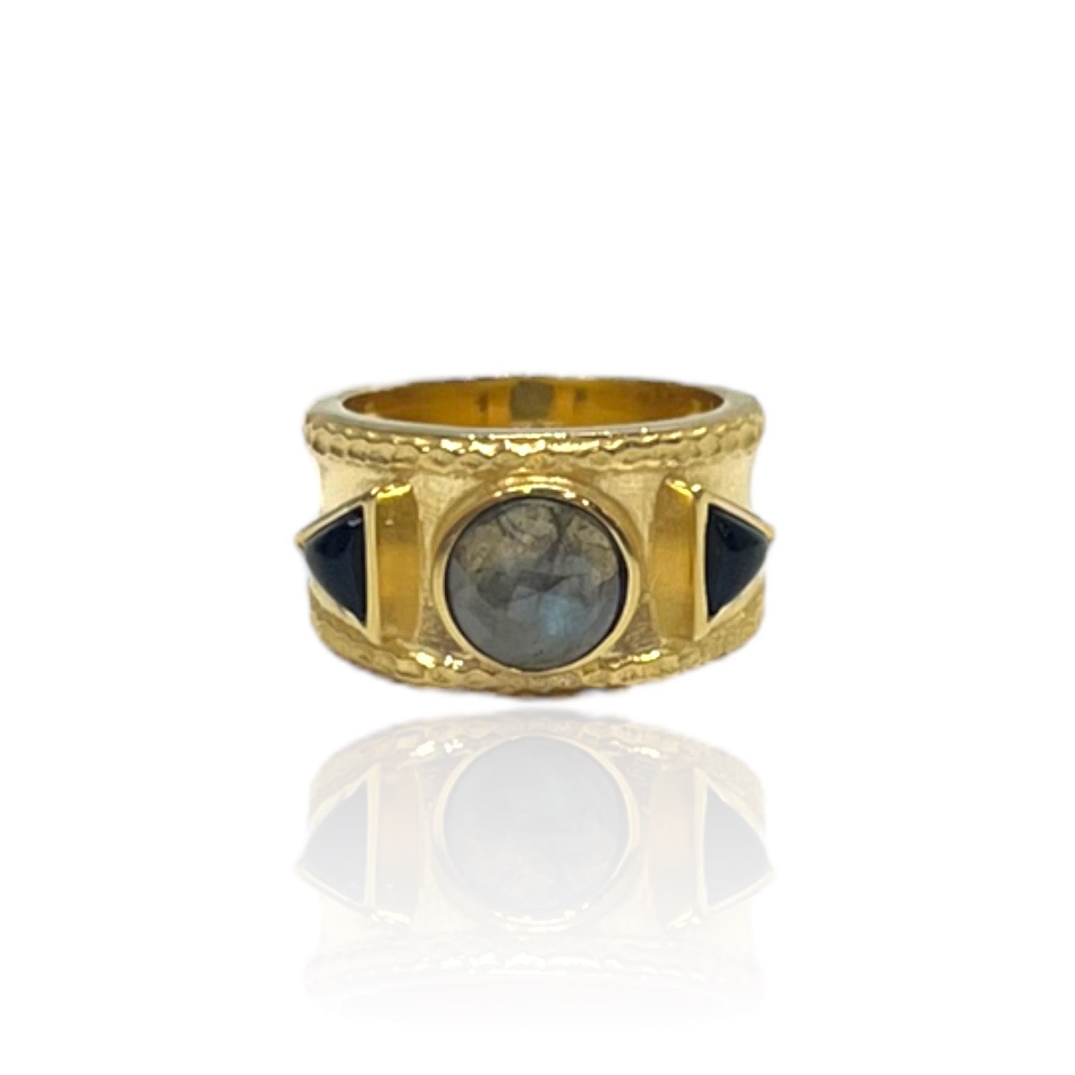 GOLD BAND LABRADORITE & ONYX TRE RING