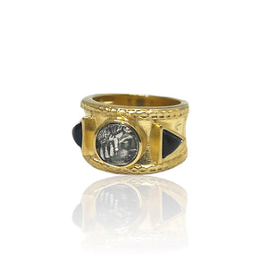 GOLD BAND COIN & ONYX TRE RING