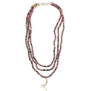 PINK RHODONITE NECKLACE WITH PAVE DIAMOND MOON