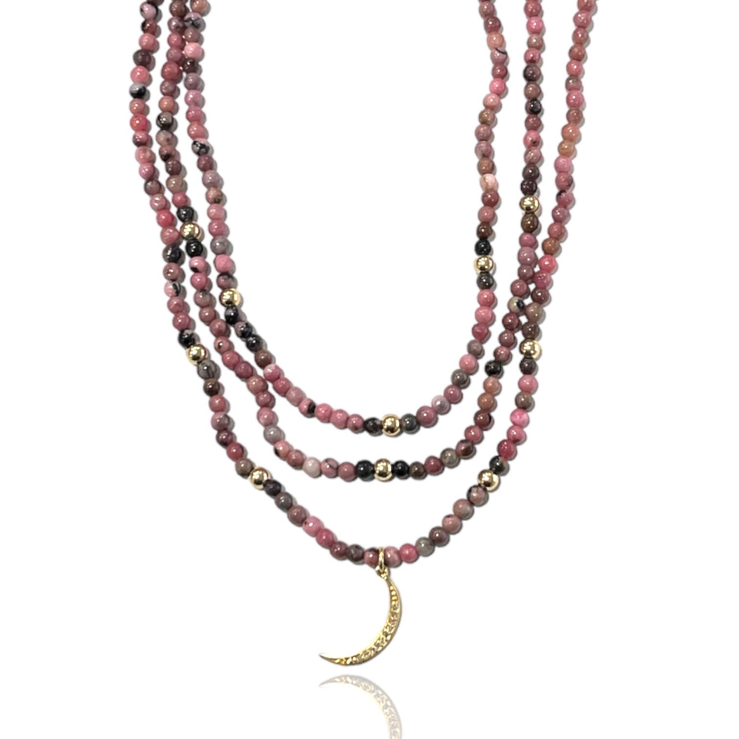 PINK RHODONITE NECKLACE WITH PAVE DIAMOND MOON