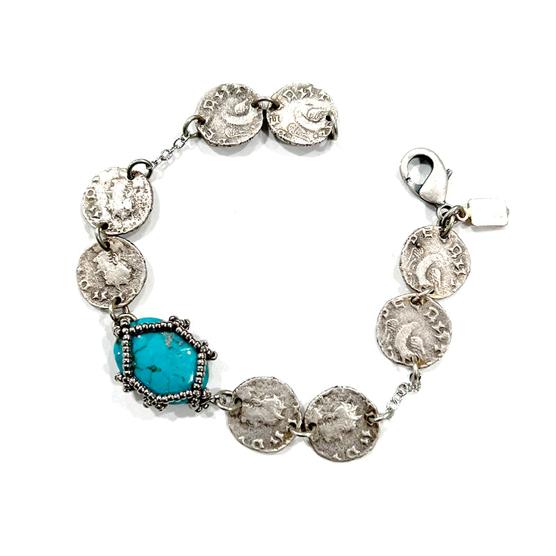 SILVER BEADED COIN BRACELET WITH TURQUOISE