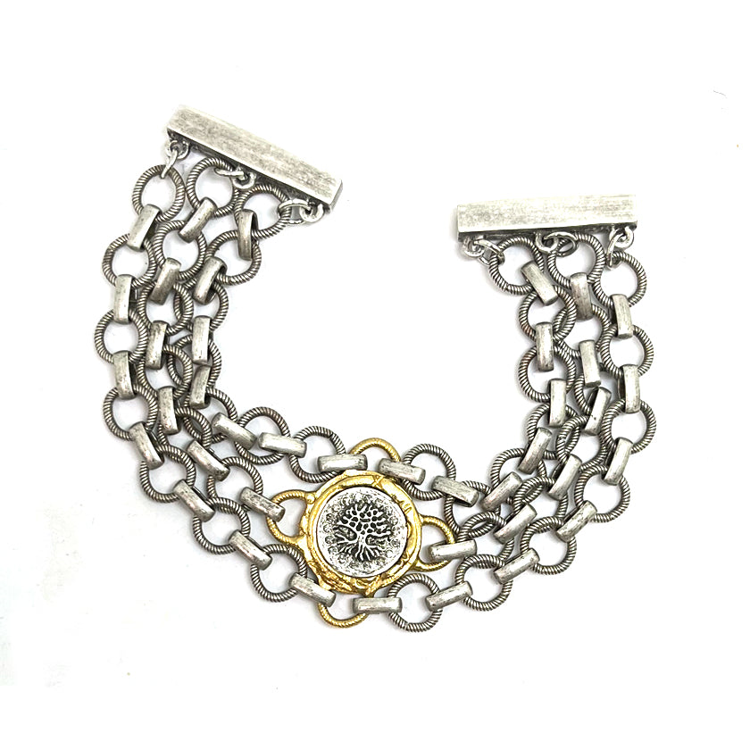 VINTAGE SILVER FLAT RING TRIPLE CHAIN MINI GUNA BRACELET