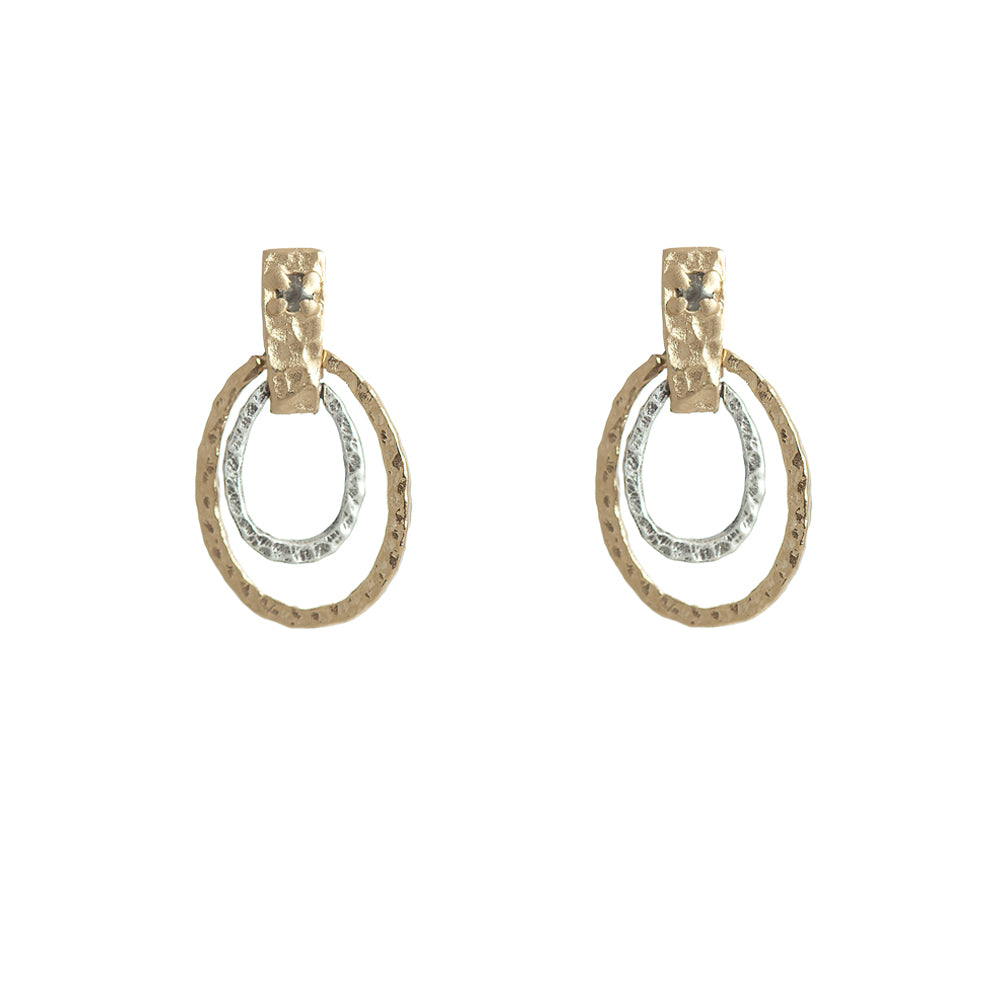GOLD JECNA HAMMERED OVALS & CRYSTAL EARRINGS