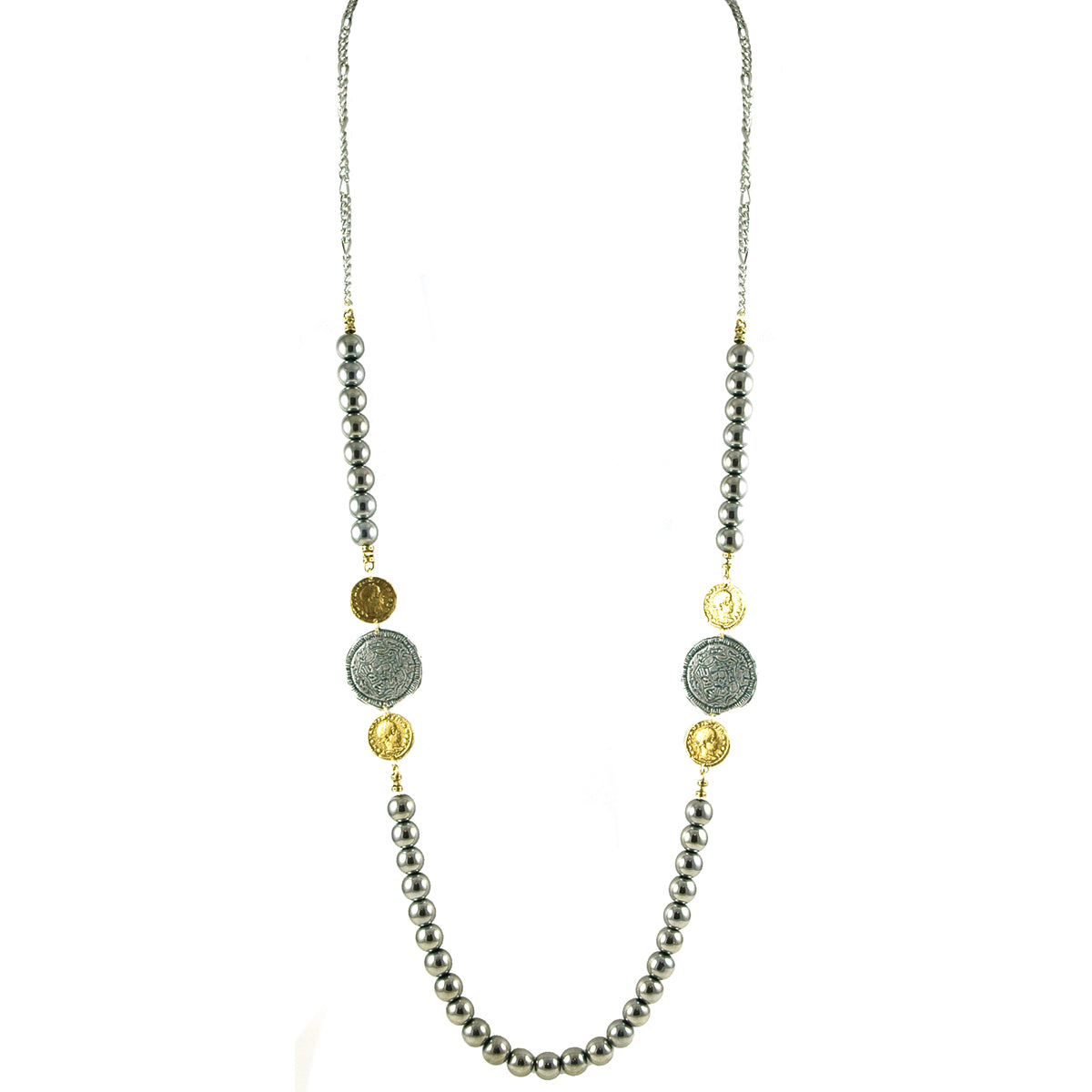 TWO TONE COIN AND SILVER BEAD NECKLACE