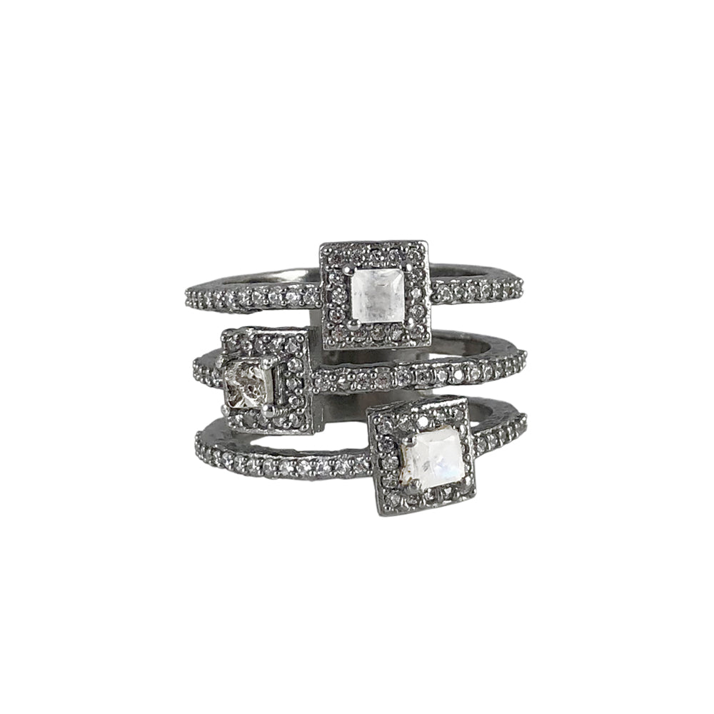 GUNMETAL DANUBE MOONSTONE & COIN 3 ROW RING