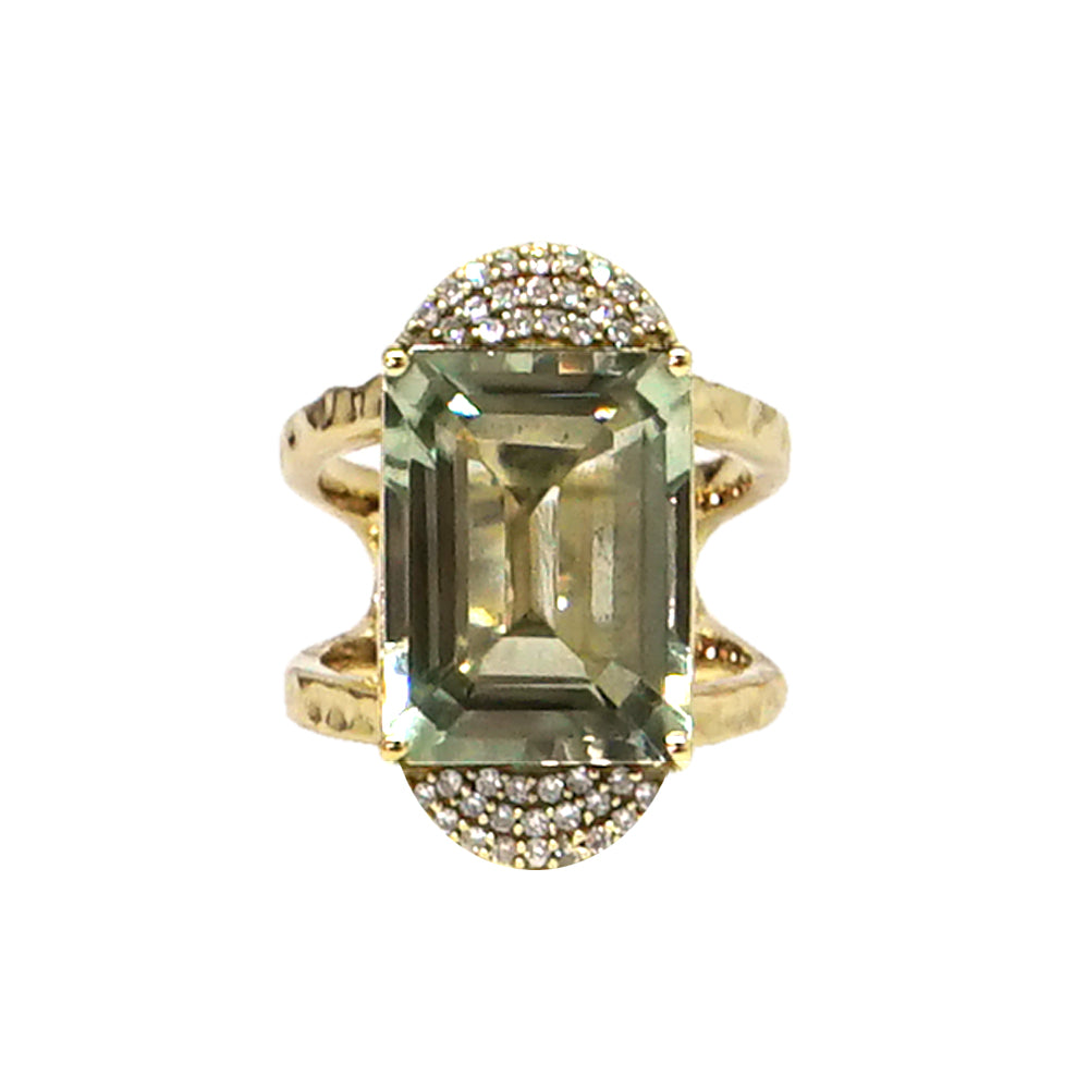 GOLD KOSOR EMERALD CUT GREEN AMETHYST &amp; CRYSTAL COCKTAIL RING