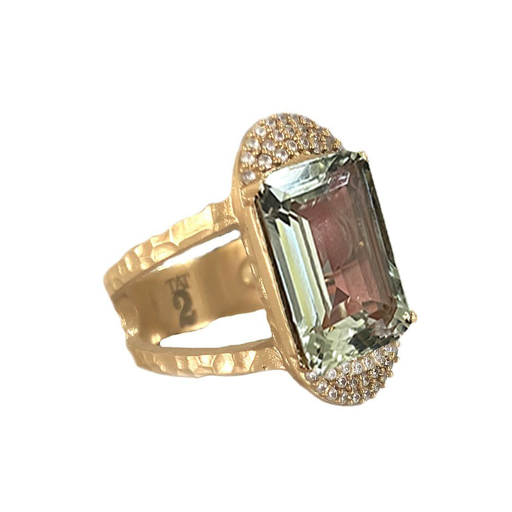 GOLD KOSOR EMERALD CUT GREEN AMETHYST &amp; CRYSTAL COCKTAIL RING