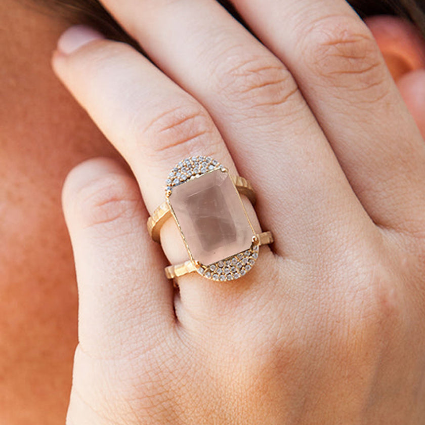GOLD KOSOR EMERALD CUT ROSE QUARTZ &amp; CRYSTAL COCKTAIL RING