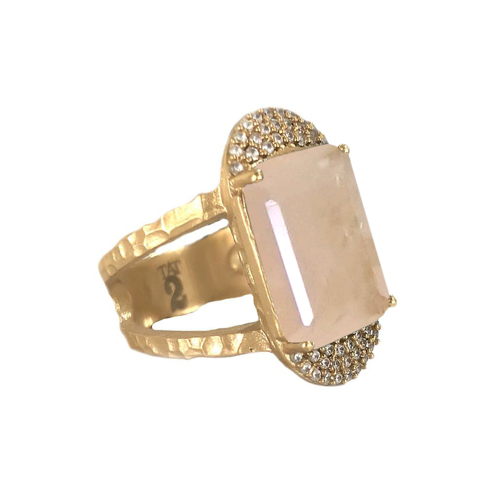 GOLD KOSOR EMERALD CUT ROSE QUARTZ &amp; CRYSTAL COCKTAIL RING
